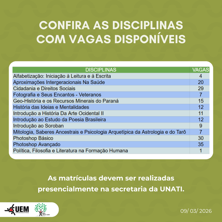 Confira as disciplinas com vagas disponíveis