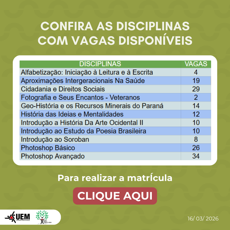 Confira as Disciplinas com Vagas Disponiveis